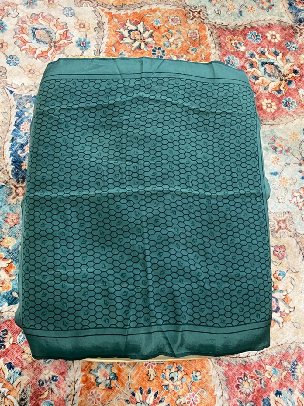 Dior Silk Scarf Vintage Emerald Green Honeycomb Monogram Square 24x24 No Tag - Picture 3 of 6